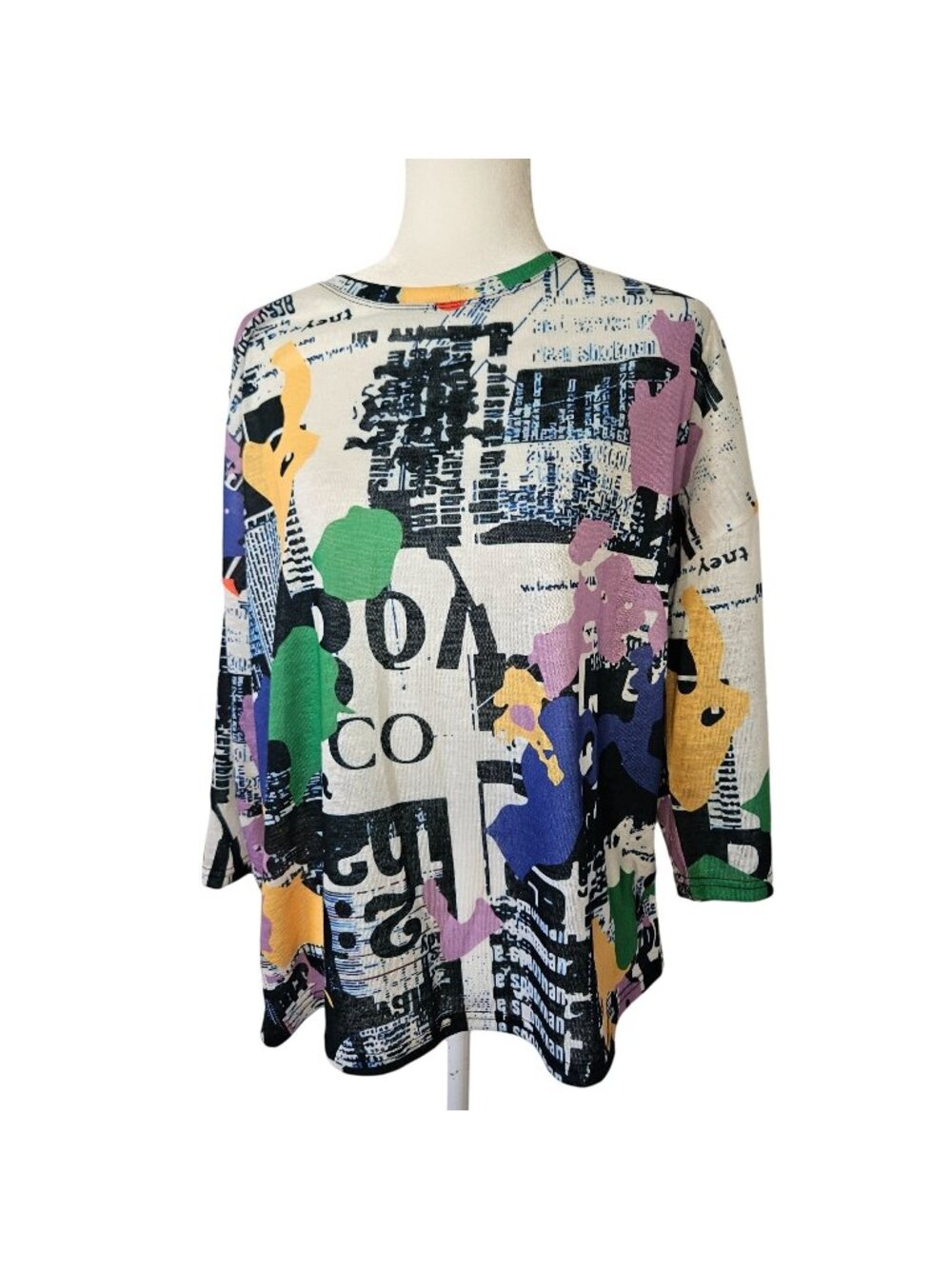 Shana Size M Art to Wear Newsprint Collage 3/4 Dolman Sleeve Top